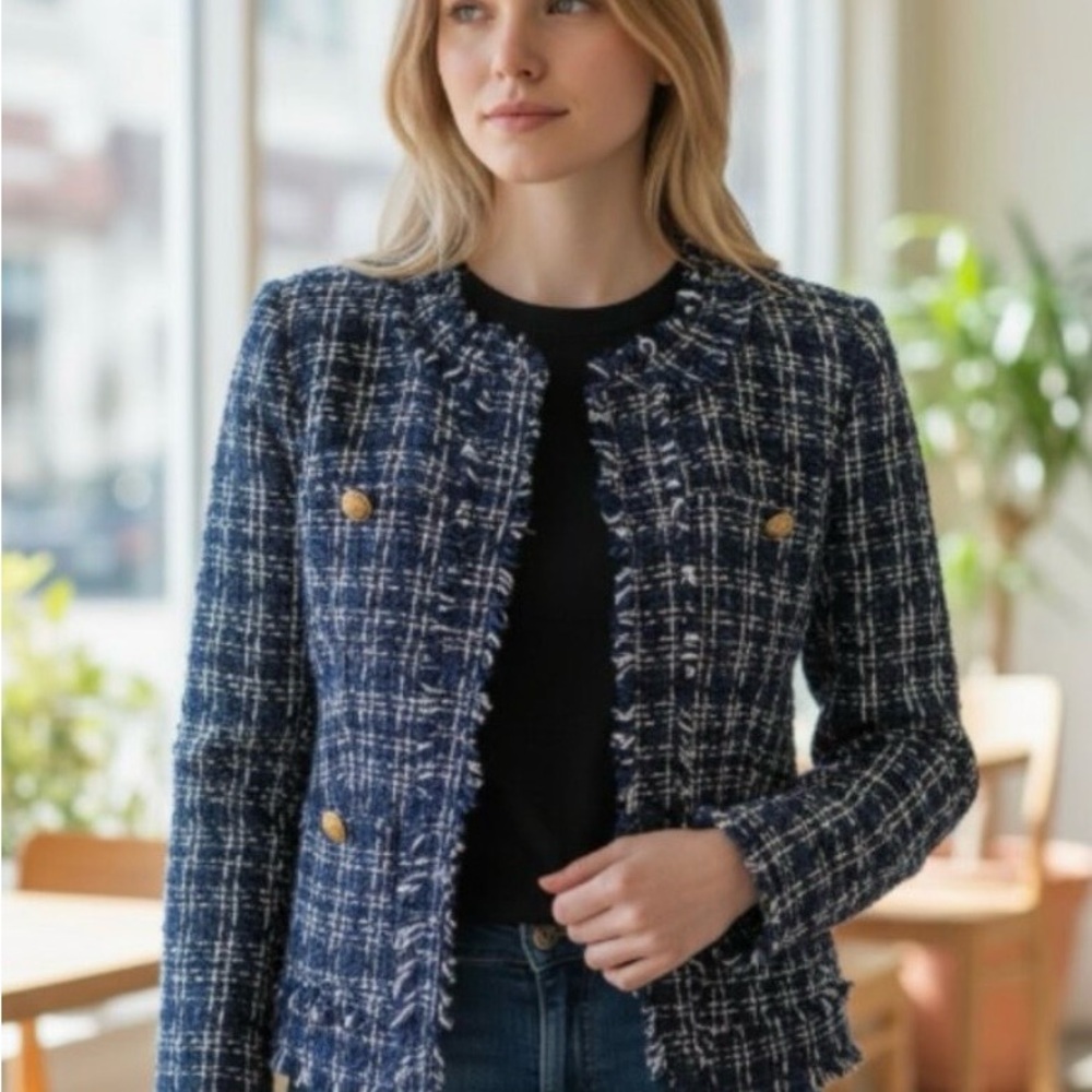 Nanette Lepore Navy Tweed Blazer with Gold Buttons
